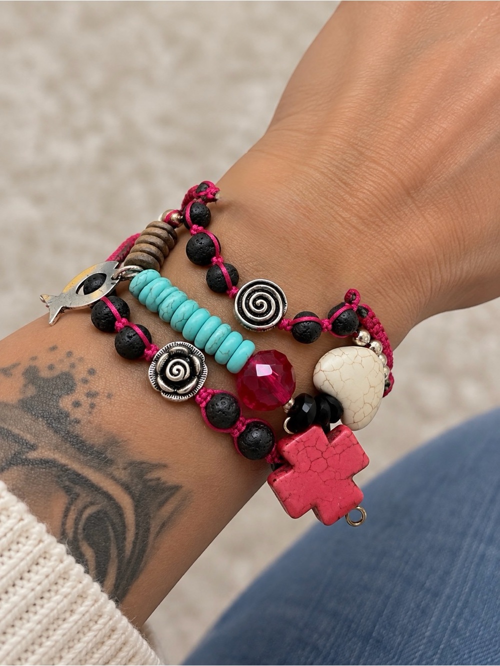 Handmade Boho Pink Turquoise Layered Beaded Bracelet Stack (3 bracelets)
